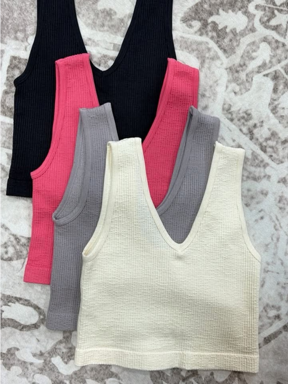 Waffle Knit V-Neck Tank Top - Black, Pink, Gray, Cream